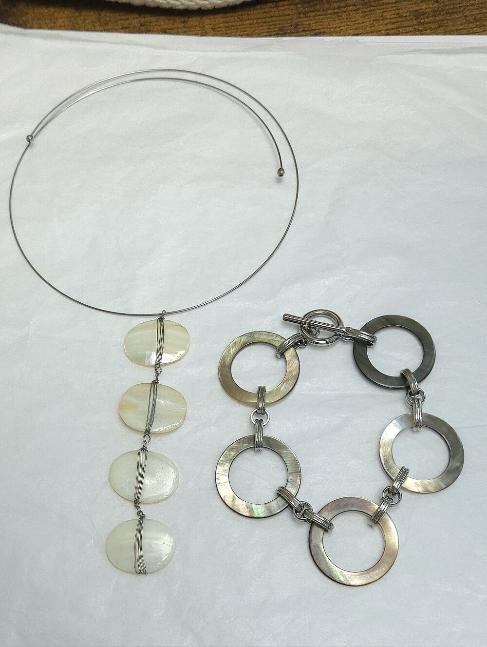 Vintage Handmade Mother of Pearl Shell Choker Necklace Abalone Bracelet 8"